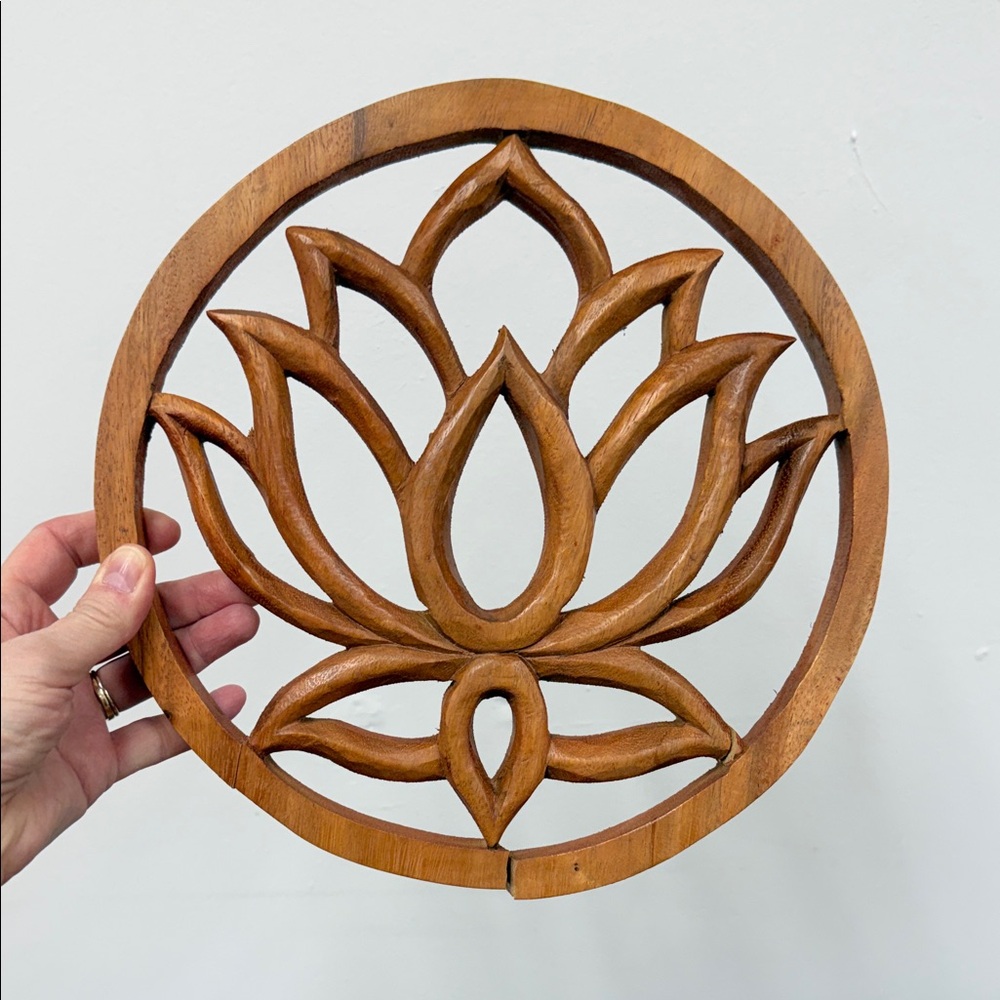 Brown Lotus Wooden Wall Decor, hand carved, DEFECT SEE DESCRIPTION
